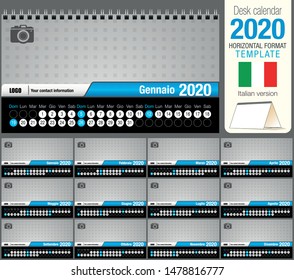 Useful desk triangle calendar 2020 template, with space to place a photo. Size: 22 cm x 12 cm. Format horizontal. Italian version