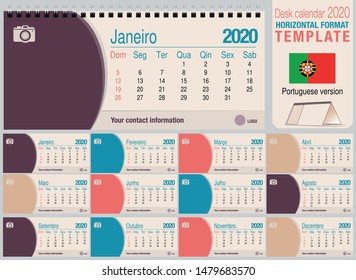 Useful desk triangle calendar 2020 template, with space to place a photo. Size: 22 cm x 10 cm. Format horizontal - Portuguese version. Vector image