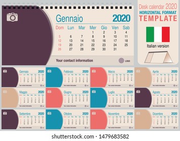 Useful desk triangle calendar 2020 template, with space to place a photo. Size: 22 cm x 10 cm. Format horizontal - Italian version. Vector image