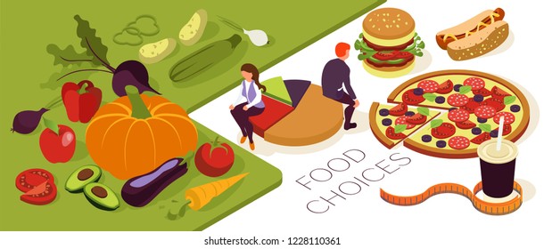 Useful diet choices. Healthy vs junk food. Delicious fruit, vegetables, pizza, burger, cola and hot dog. Man and woman make choice. Vector isometric flat illustration
