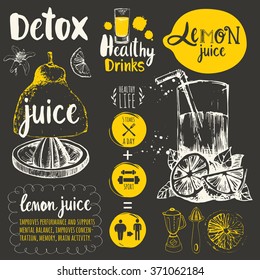 Useful drinks in sketch style on black background. Vector illustration with natural juices and beverages: smoothies, lemonade and kitchen equipment. Detox. Healthy lifestyle.