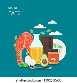Useful fats vector flat style design illustration. Avocado, olives, vegetable oil, salmon fatty fish, eggs, dark chocolate and peanut butter. Foods with healthy fats for web banner, website page etc.