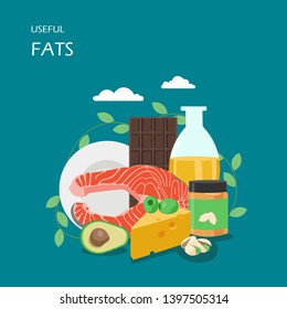 Useful fats vector flat style design illustration. Avocado, olives, vegetable oil, salmon, cheese, pistachio, dark chocolate and peanut butter. Foods with healthy fats for web banner website page etc.