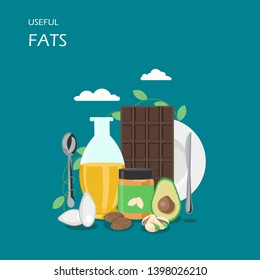 Useful fats vector flat style design illustration. Avocado, vegetable oil, dark chocolate, almonds, pistachio and peanut butter. Foods with healthy fats composition for web banner, website page etc.