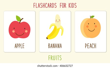 Useful flashcards for kids education as cute hand drawn smiling cartoon characters of fruits