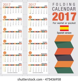 Useful foldable calendar 2017, ready for printing. Open size: 90mm x 320mm. Close size: 90mm x 55mm. File contains cutting & folding guides. Spanish version