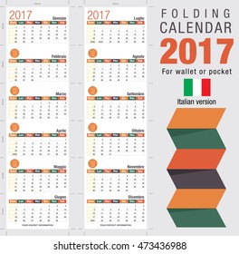 Useful foldable calendar 2017, ready for printing. Open size: 90mm x 320mm. Close size: 90mm x 55mm. File contains cutting & folding guides. Italian version