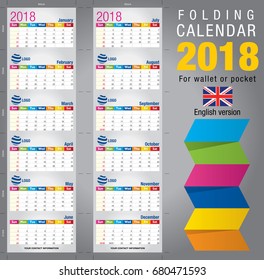 Useful foldable calendar 2018, colorful template. Open size: 90mm x 320mm. Close size: 90mm x 55mm. File contains cutting & folding guides. English version
