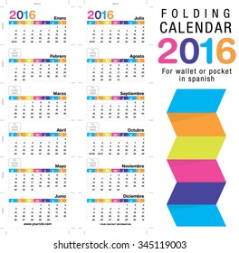 Useful foldable calendar wallet, ready for printing on laser or offset. Open calendar size: 90mm x 320mm. Close calendar size: 90mm x 55mm. File contains cutting and folding guides. Spanish version.