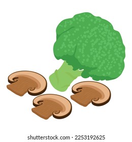 Un vector isométrico útil del icono alimentario. brócoli fresco verde y champiñones. Concepto alimentario, nutrición saludable