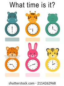 Useful games with clock for preschool children. Tell time set with clock funny animals for kids. What time is it Kids preschool playing, learning activity. Worksheet for school kids.