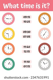 Useful games with clock for preschool children. Tell time set with clock funny animals for kids. What time is it Kids preschool playing, learning activity. Worksheet for school kids.