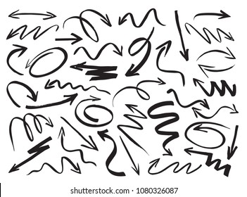 Useful graphic elements for presentations. Isolated Vector Graphics. Collection of hand-drawn black arrows on a white background. Vector outline illustration.