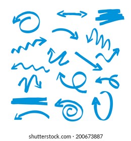 Useful graphic elements for presentations. Isolated Vector Graphics. Collection of hand-drawn blue arrows on a white background. Vector outline illustration.