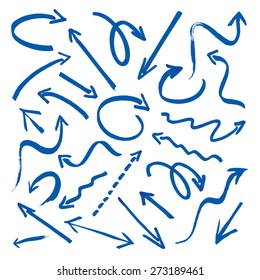 Useful graphic elements for presentations. Isolated Vector Graphics. Collection of hand-drawn blue color arrows on a white background. Vector outline illustration.