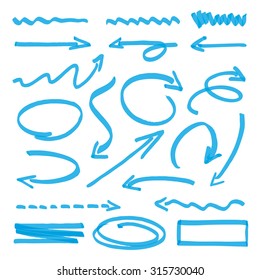 Useful graphic elements for presentations. Isolated Vector Graphics. Collection of hand-drawn blue color arrows on a white background. Vector outline illustration.