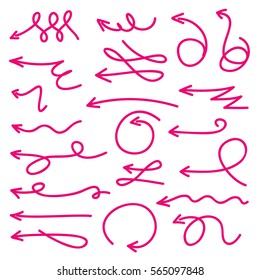 Useful graphic elements for presentations. Isolated Vector Graphics. Collection of hand-drawn pink color  arrows on a white background. Vector outline illustration.