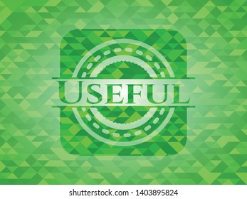 Useful green emblem with triangle mosaic background. Vector Illustration. Detailed.