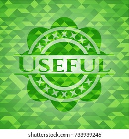 Useful green emblem with triangle mosaic background