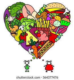 Useful and harmful food for people in the form of heart