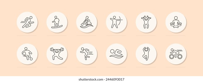 Useful hobby set icon. Archery, swimming, lifting weights, meditation, dancing, cycling, running, health care, outdoor activities, sports, pastel. Healthy lifestyle concept. Vector line icon.