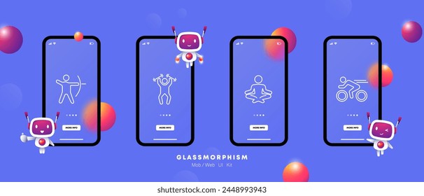 Useful hobby set icon. Archery, lifting heavy weights, meditation, yoga, cycling, health care, outdoor activities, sports, gradient. Healthy lifestyle concept. Glassmorphism style.