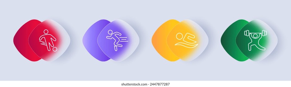 Useful hobby set icon. Football, swimming, lifting heavy weights, running, health care, outdoor activities, sports, gradient. Healthy lifestyle concept. Glassmorphism style.