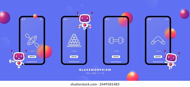 Useful hobby set icon. Kayaking, cue, billiards, balls, dumbbells, boomerang, health care, outdoor activities, sports, gradient. Healthy lifestyle concept. Glassmorphism style.