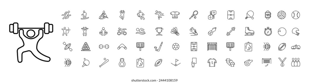 Useful hobby set icon. Running, skiing, dancing, swimming, kayaking, football, t shirt, racket, boxing gloves,air hockey, tennis racket, heart rate, volleyball, archery. Healthy lifestyle concept.