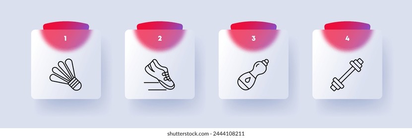 Useful hobby set icon. Shuttlecock, sports equipment, sneakers, running, water, maintaining hydration, heavy weight, barbell, health care, numbering. Healthy lifestyle concept. Glassmorphism style.