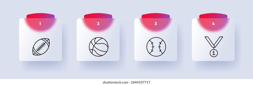 Useful hobby set icon. Sports equipment, American football, rugby, basketball, first place, medal, prize, tennis ball, health care, numbering. Healthy lifestyle concept. Glassmorphism style.