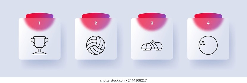 Useful hobby set icon. Sports equipment, cup, first place, prize, volleyball, ball, boots, sneakers, footwear, bowling ball, health care, numbering. Healthy lifestyle concept. Glassmorphism style.