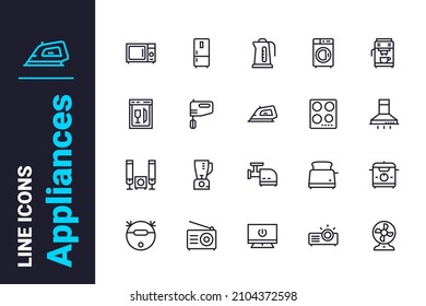 Useful household appliances icons set vector illustration. Electrical equipment, tools for home line icon. Technology, electronics concept