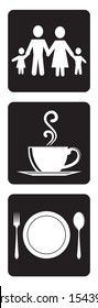 useful icon for restaurant. Coffee shop Icon,Food allowed Icon,Family members icon.Four family members in family Icon-vertical type