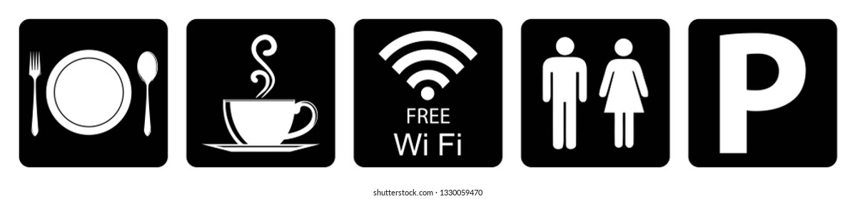 Useful Icon for Restaurant.Foods available sign,Coffee shop sign,WiFi available sign,Washroom sign,Parking available sign in Black background Drawing By illustration
