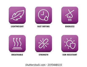 Useful icons set. Such as: lightweight, odorless, breathable, strength. Vector illustration.