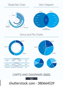 Useful infographic template. Set of graphic design elements: venn diagram, radial bar, donut and pie charts. Vector illustration.