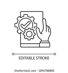 Useful linear icon. Software engineering. Mobile application development. Technical operation. Thin line customizable illustration. Contour symbol. Vector isolated outline drawing. Editable stroke