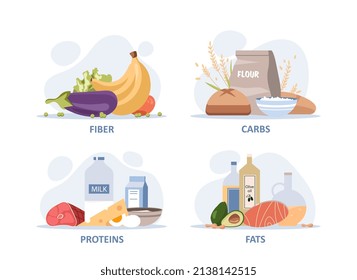 Useful macronutrients set. Collection of natural and organic products. Health care and diet, nutrition. Sport and active lifestyle. Cartoon flat vector illustrations isolated on white background