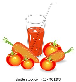 Useful medicinal and tasty drink. In a glass of natural vegetable juice, tomato and ripe fruit carrots. Vector illustration.