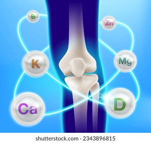 Useful minerals for human bones Knee joint health with vitamins and minerals. Dietary supplements. Medical or health care concept. Vector illustration file.