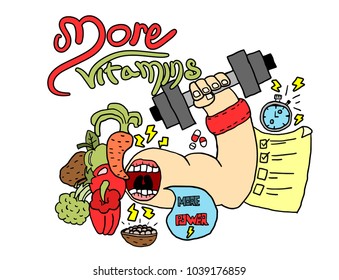 useful products for muscle growth and health maintenance,a revived strong hand raises a heavy dumbbell,vector image,doodle style