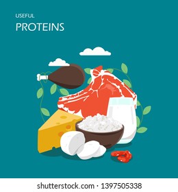 Useful proteins vector flat style design illustration. Meat, dairy products chicken, beef, milk, swiss cheese, cottage cheese, tofu and beans. High protein foods composition for web banner webpage etc