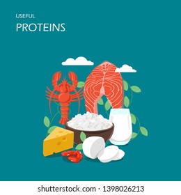 Useful proteins vector flat style design illustration. Salmon, crayfish, beans, tofu and dairy products swiss cheese, cottage cheese, milk. High protein foods composition for web banner, website page.