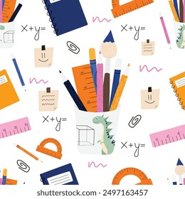 Useful school items pattern on white isolated background. Cute dino pencils holder with pens and brushes, school notebooks and math signs in back to school style. For prints, banners, school sales.