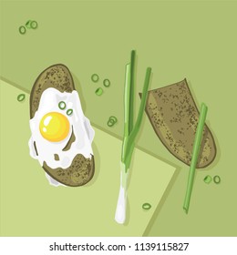 Useful and simple breakfast. Toast with egg and onion. A little snack. Bread and greens.