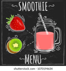 Useful smoothie in sketch style on black clack board background. Vector illustration Smoothie Menu: Strawberry with Kiwi.