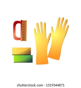 Useful supplies for housekeeping such as yellow rubber gloves, red stiff brush and two sponge isolated on white background