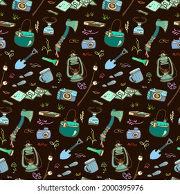 Useful things for hiking and traveling. A repeating pattern of hand-drawn objects. vector