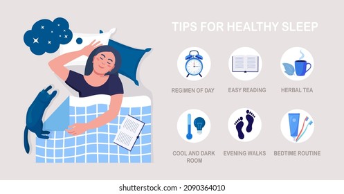 Useful tips and rules for healthy good sleep. Bedtime routine for peaceful dream, relax at night. List of advice to get rid of insomnia, sleeplessness. Woman sleeping in bed on pillow with book, cat